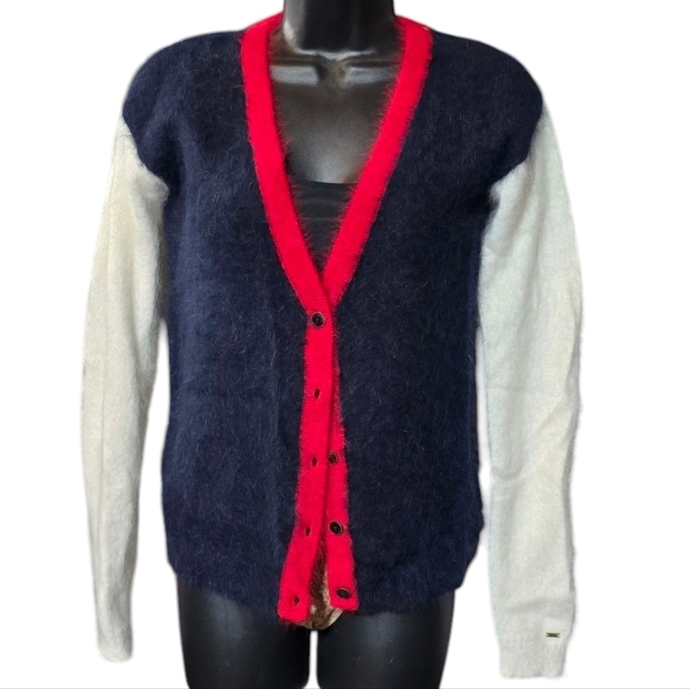 Tommy Hilfiger Navy and Red Angora Blend Cardigan Sweater